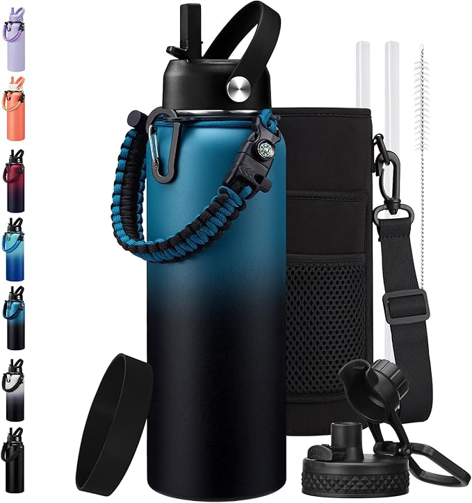BENZZO Insulated Water Bottle 40 oz - Keep Cold 48H & Hot-24H, Metal Water Bottle with Straw & Auto Spout Lid,Paracord Handle,Bottles Carrier Bag, Leak Proof Thermal Flask for Hiking Cycling Sport