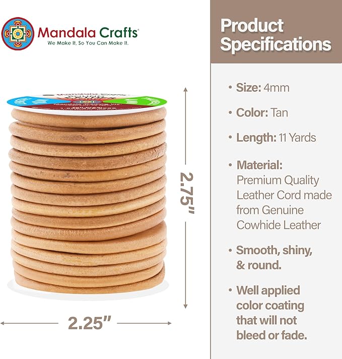 Mandala Crafts Round Genuine Tan Leather Cord for Jewelry Making – 4mm Cowhide Leather Rope String Lace for Kumihimo – 11 Yards Cowhide Craft Cording Spool