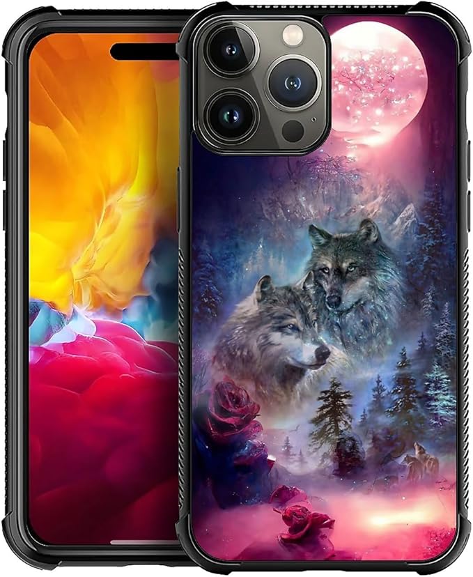 for iPhone 15 Pro Case, Star Two Wolfs Howling Pattern Graphic Design Girl Boy Soft Silicone Hard Acrylic Shock Protection for iPhone 15 Pro