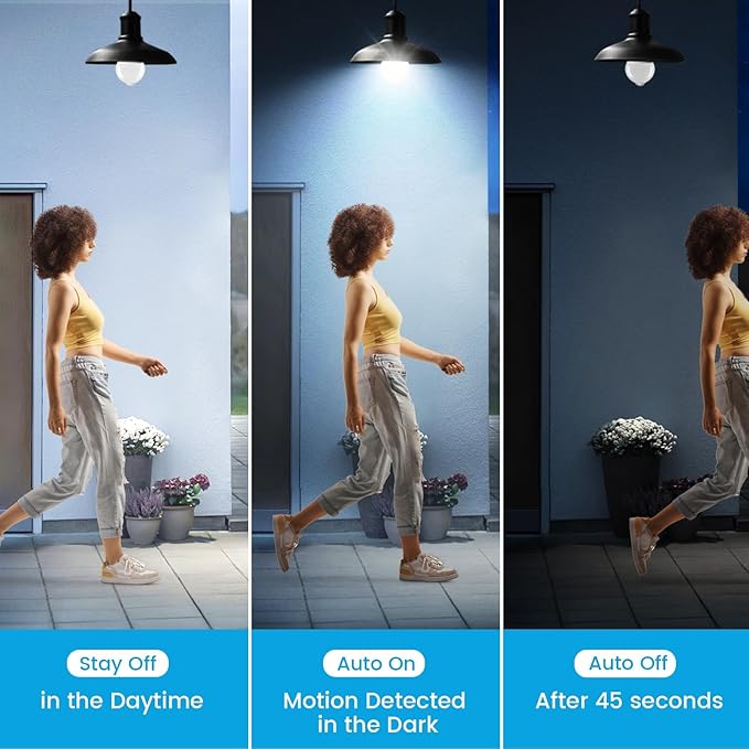 Motion Sensor Light Bulbs, 13W(100W Equivalent) Movement Activated Dusk to Dawn Sensor LED Bulb, A19 E26 5000K Cool White Security Bulbs Outdoor Indoor, for Porch Garage Basement Hallway 4 Pack