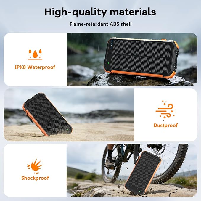 ERRBBIC Solar Charger Power Bank 20000mAh, Portable Wireless Charger, 15W Fast Charging External Battery Pack with Dual Flashlight and USB C Outputs, Outdoor Mobile Power Compatible with Cell Phones