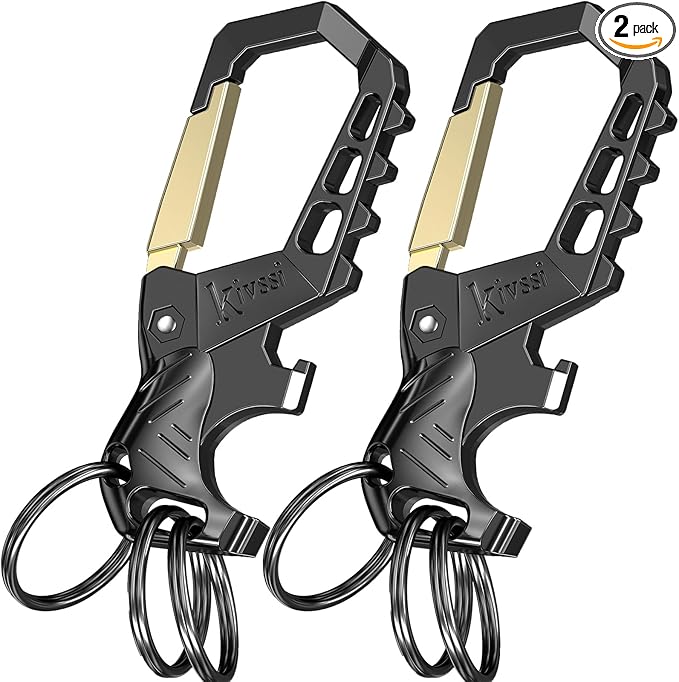 Kivssi Heavy duty metal keychains, Carabiner clip Car key chains,Fashion family keychain bottle opener and 3 Key Rings suitable for men and women.(Gold-2pcs
