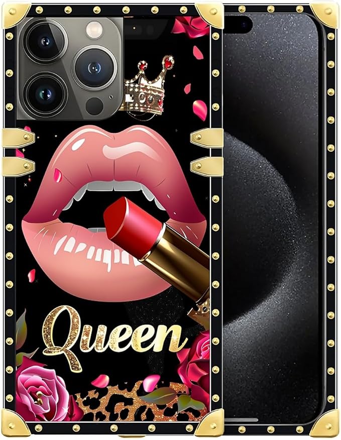 Compatible with iPhone 16 Pro Case, Glitter Red Rose Queen Leopard Lipstick Luxury Golden Decoration for Girl Women Soft TPU Shockproof Protective Hard PC Back