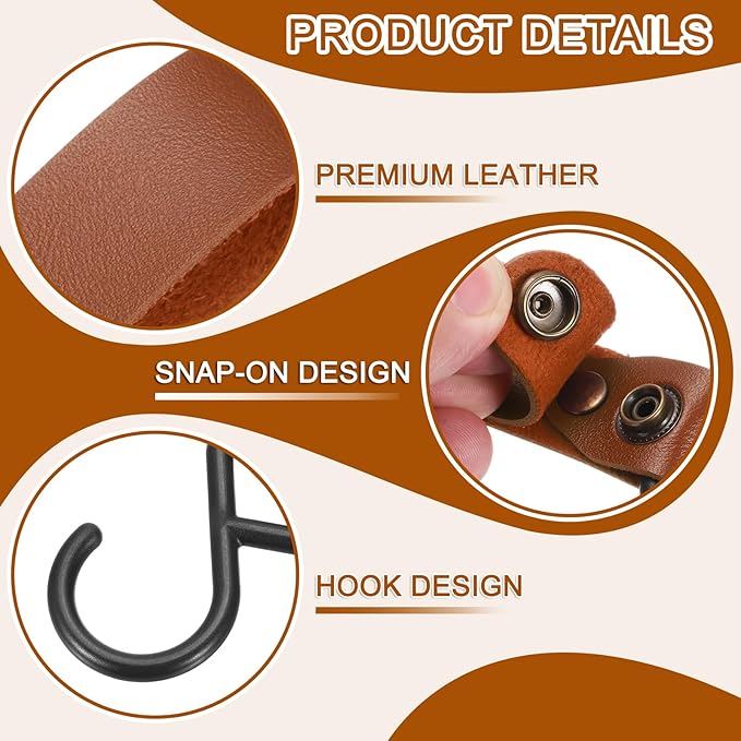 uxcell 5pcs PU Leather Hooks, S-Shape Hooks for Outdoor Camping Hanging Pots Pans Utensils Dark Brown
