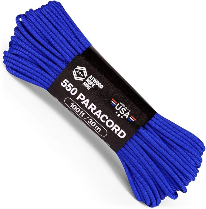 Atwood Rope MFG 550 Paracord 100 Feet 7-Strand Core Nylon Parachute Cord Outside Survival Gear Made in USA | Lanyards, Bracelets, Handle Wraps, Keychain (Royal Blue)