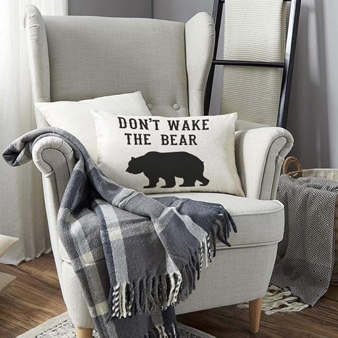 TKS MITLAN Don't Wake The Bear Decorative Pillow Covers Cool Animal Bear Black White Rustic Linen Throw Pillow Covers 12x20 Inch for Sofa Couch Decoration