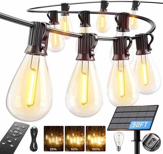50FT Solar String Lights Outdoor Waterproof, 18+1 LED Solar Powered Lights with Remote Control, 3 Light Modes & Dimmable, USB-C Charging for Patio, Backyard, Garden, Camping