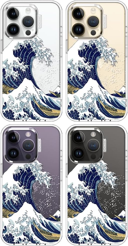 MOSNOVO Case for iPhone 14 Pro, [Buffertech 6.6ft Military-Grade Drop Protection] [Anti Peel Off Tech] Clear TPU Bumper Phone Case Cover Design - Great Wave