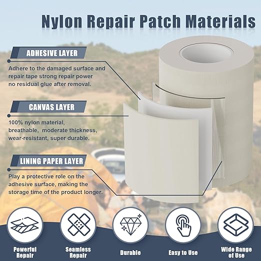 Cahomo 3x79 Inch Nylon Repair Patch Nylon Repair Tape Self Adhesive Fabric Tapes Outdoor Camping Gear Fabric kit for Tent, Umbrella, Down Jackets, Sleeping Bag, Knapsack（Khaki）