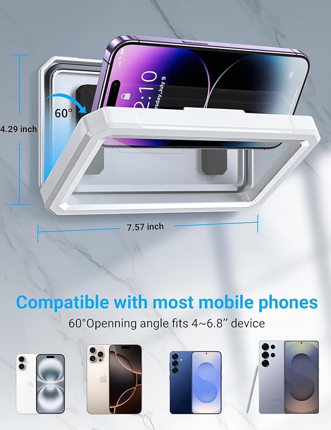 Coolpow Shower Phone Holder Waterproof【480°Rotatable】Retractable Adjustable Shower Phone Case Shower Stall Accessories for Bathroom Wall Phone Mount Stand Water Proof Anti Fog Case for 4-7"Cellphones