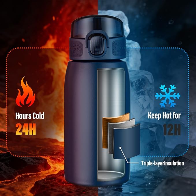 Insulated Water Bottle 12 oz with Dustproof Lid, Carry Handle & Tea Infuser, BPA-Free & Leakproof, Stainless Steel Water Bottles Ideal for Fitness, Hiking, Office & Outdoor Use （Dark Blue ）
