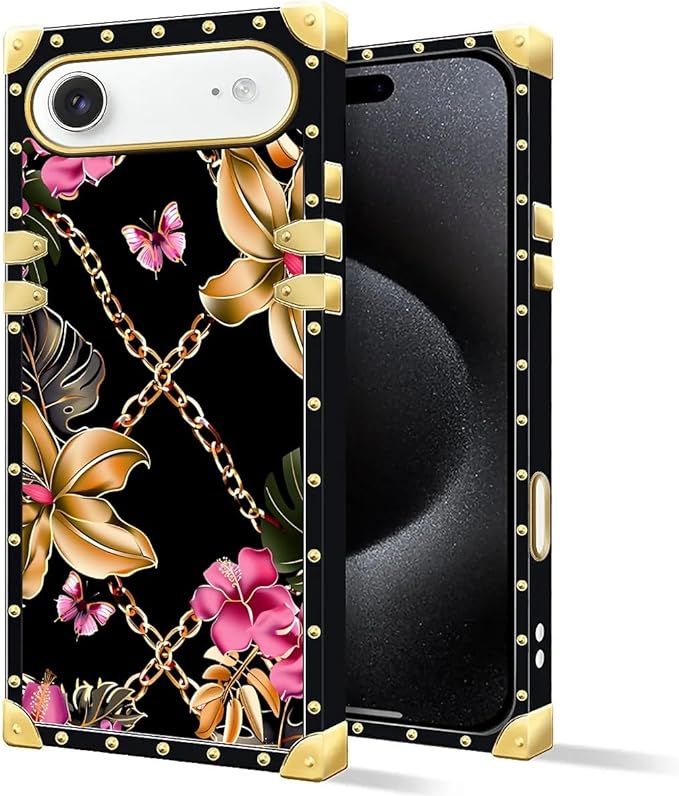 for iPhone 17 Air Case Luxury Golden Decoration for Girl Women Soft TPU Shockproof Protective Hard PC Back for iPhone 17 Air Crazy Pattern Pink Golden Chain Tropical Flower