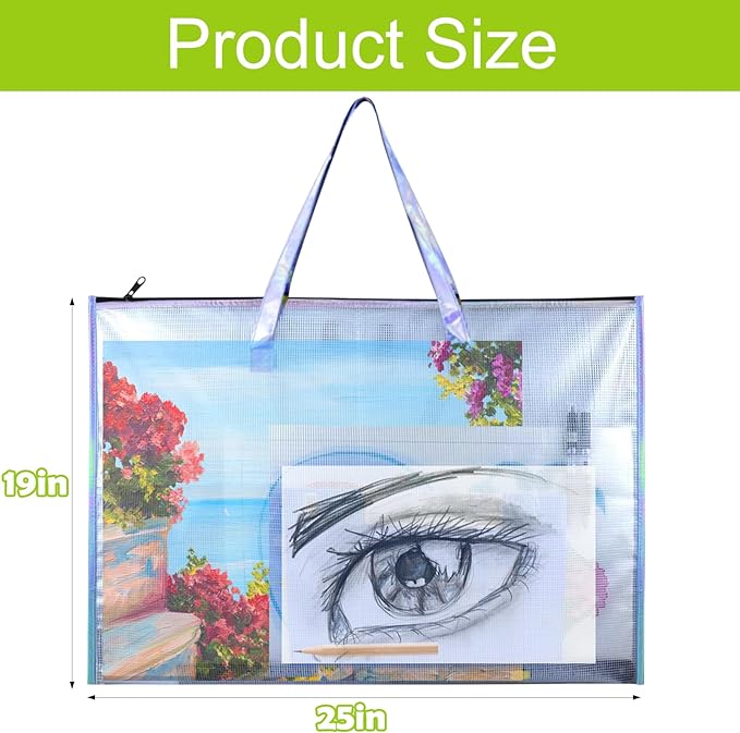 BUSOHA Large Clear Mesh Vinyl Bag with Handle and Zipper,19"X 25" Waterproof Art Storage Bag for Artworks, Charts and Teaching Material Multipurpose
