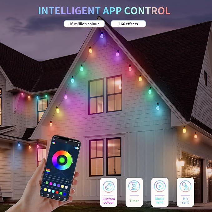 CAWWS Outdoor String Lights 75FT, Outdoor Lights for Patio with 30 Dimmable RGBW LED Bulbs, IP66 Waterproof Shatterproof, with APP Control & Remote, 24V Adapter Color Change,for Backyard Decor