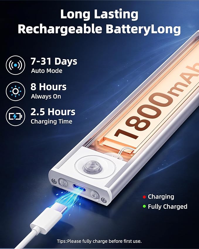 8inch Under Cabinet Lighting Wireless, 3-Pack Rechargeable Battery Motion Sensor Light Indoor, LED Closet Lights USB Charging, 3 Color Dimmable Under Cabinet Lights for Kitchen, Cabinet, Wardrobe.