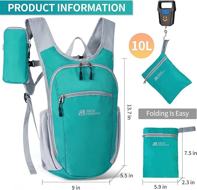 Hiking Backpack 10L/15L Small Daypack Lightweight Packable Travel Foldable Water Resistan for Women Men (Lake Green, 10L)