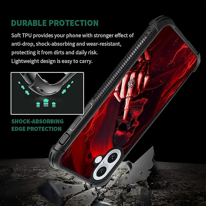 for iPhone 16 Plus Case, Gestures Funny Skull Pattern Graphic Design Girl Boy Soft Silicone Hard Acrylic Shock Protection for iPhone 16 Plus