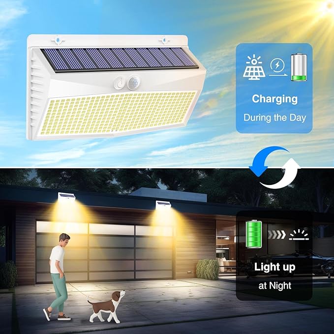 Peasur 2 Pack 368 LED Solar Lights Outdoor Motion Sensor, Solar Fence with 3 Lighting Modes, Powered Security Waterproof for Outside Yard Wall Garden,White Warm