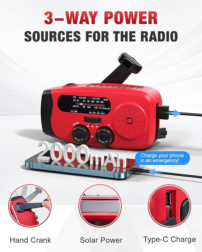 Emgykit 086S Hand Crank Emergency Radio - 2000mAh/7400mWh AM/FM/NOAA Solar Hand Crank Emergency Radio with 3 LED Flashlight, SOS Function for Emergencies, Camping - Red