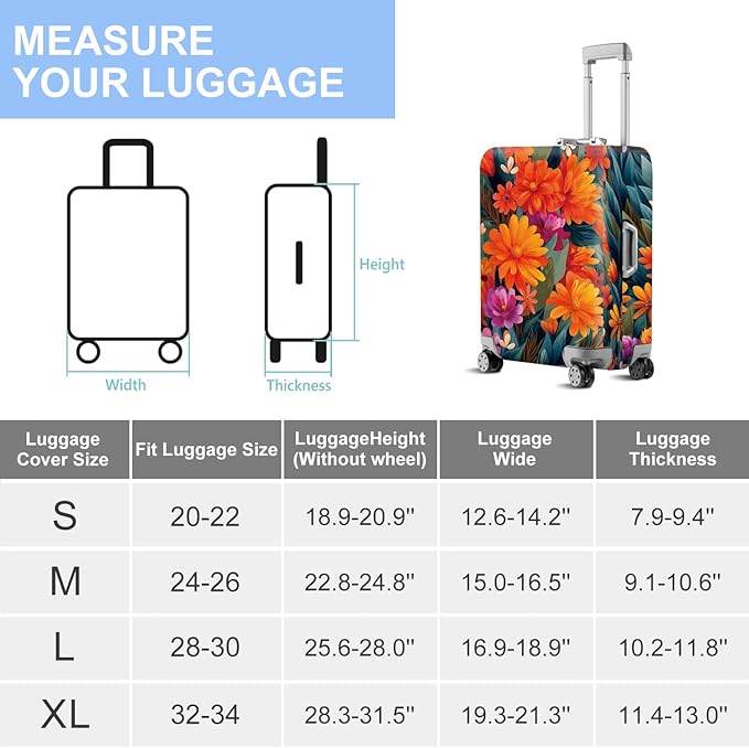 ANNA QUEEN Boho Floral Luggage Cover,Spring Orange Flower Pattern Suitcase Protector,Stretchable,Washable & Water Resistant, Universal Fit for 28-30 Inch Checked Baggage