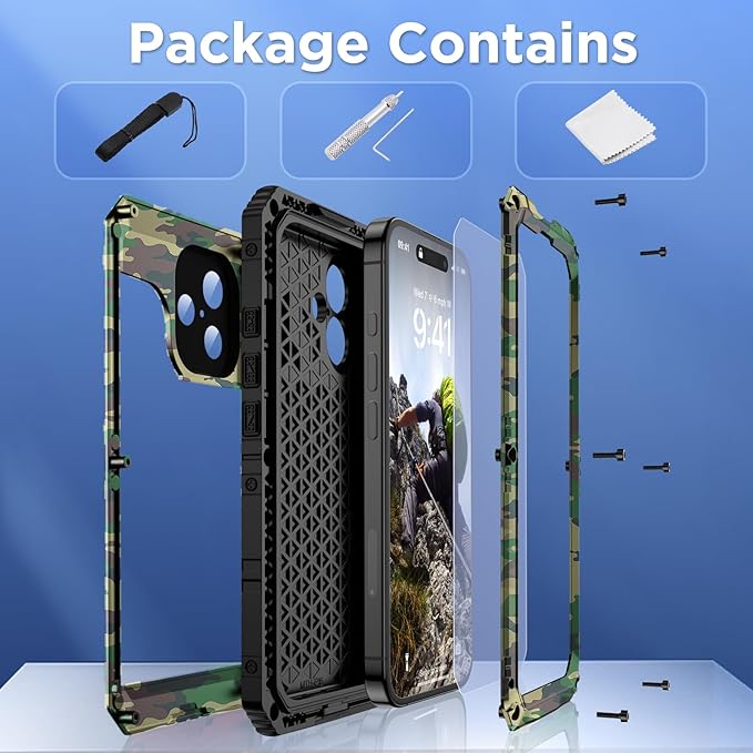 Mitywah Waterproof Case for iPhone 16 Plus, Shockproof Heavy Duty Case with Built-in Screen Protector, Underwater Full Body Protective Metal Case 6.7 inch, Camouflage