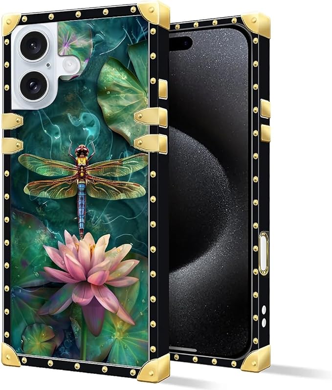 Compatible with iPhone 16 Case, Colourful Dragonfly Pink Lily Pads Luxury Golden Decoration for Girl Women Soft TPU Shockproof Protective Hard PC Back