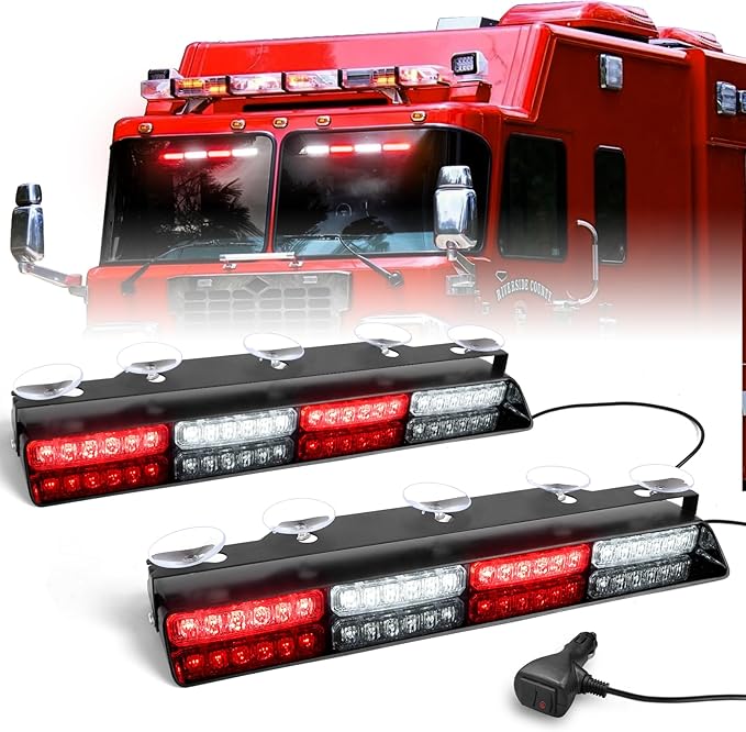 HLauto 6Z4J Emergency Dash Strobe Lights: 2x16.8 inch Red White Safety Lights, 48 LED Flashing Warning Hazard Interior Windshield Visor Traffic Light Bar for Trucks, Construction Vehicles