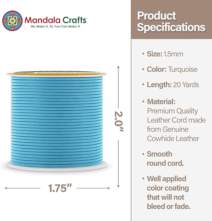 Mandala Crafts Round Genuine Turquoise Leather Cord for Jewelry Making – 1mm Cowhide Leather Rope String Lace for Kumihimo – 20 Yards Cowhide Craft Cording Spool