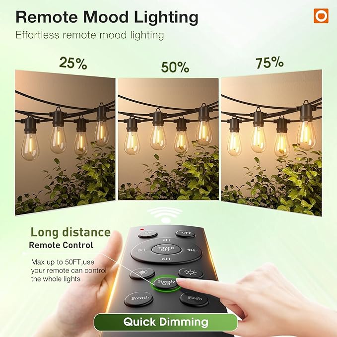 addlon 100FT LED Outdoor String Lights, Remote Dimmable Patio Lights with Timer & 3 Lighting Modes, 32 Shatterproof Edison Bulbs, Waterproof Connectable String Lights for Outside Backyard Porch Party