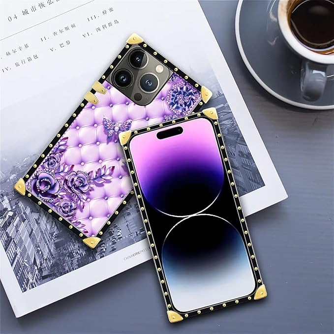 Compatible with iPhone 14 Pro Max Case, Purple Butterfly Flowers Leaf Luxury Golden Decoration for Girl Women Soft TPU Shockproof Protective Hard PC Back for iPhone 14 Pro Max