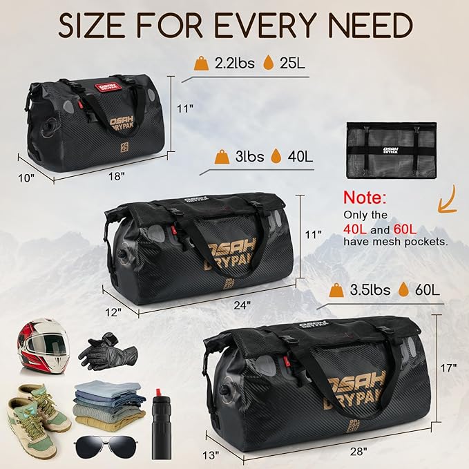 OSAH DRYPAK Waterproof Duffel Bag - Motorcycle Dry Bag Tail Bag with Large Storage Space, Waterproof Luggage Duffle Bags with Outer Mesh Zipper Pocket for Camping, Kayaking, Fishing & Traveling