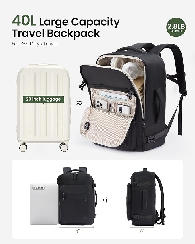 LOVEVOOK 40L Carry on Backpack, Large 17 Inch Travel Backpack for Women Men, Personal Item Bag Airline Approved with 3 Packing Cubes, Hiking Backpack Waterproof Weekender Essentials Casual Daypack