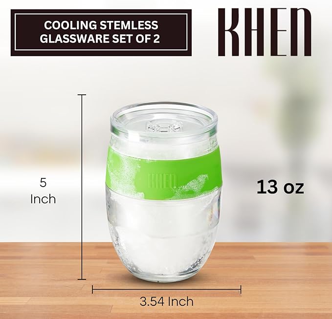 Freezable Wine Tumbler Set with Lids & Green Grip - 2 Set - 13 oz Tumblers Insulated Cooling Gel Glasses – Reusable Double Wall Stemless Cups for Keeping Drinks Cold, Outdoor Entertaining & Gifts