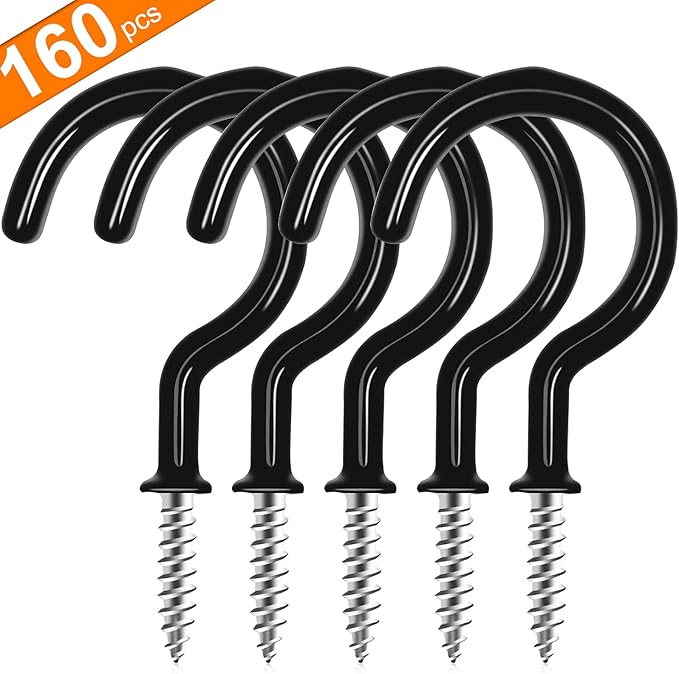 Cup Screw Hooks,3/4 inch Vinyl Coated Ceiling Hooks,160 Pack Screw in Plant Hanger Hooks,Wind Chimes Hook Kitchen Cup Hook Great for Hanging Indoor & Outdoor Use(Black)