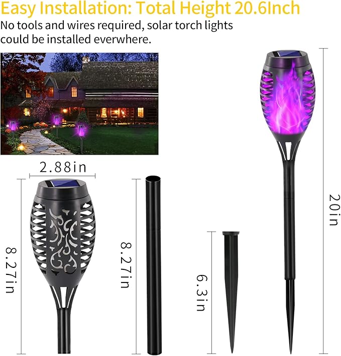 EOYIZW Solar Lights Outdoor, Halloween Decorations Purple Solar Tiki Torches for Outside, 12 Pack Torch Light with Flickering Flame Landscape Outdoor Lights for Yard Patio Garden