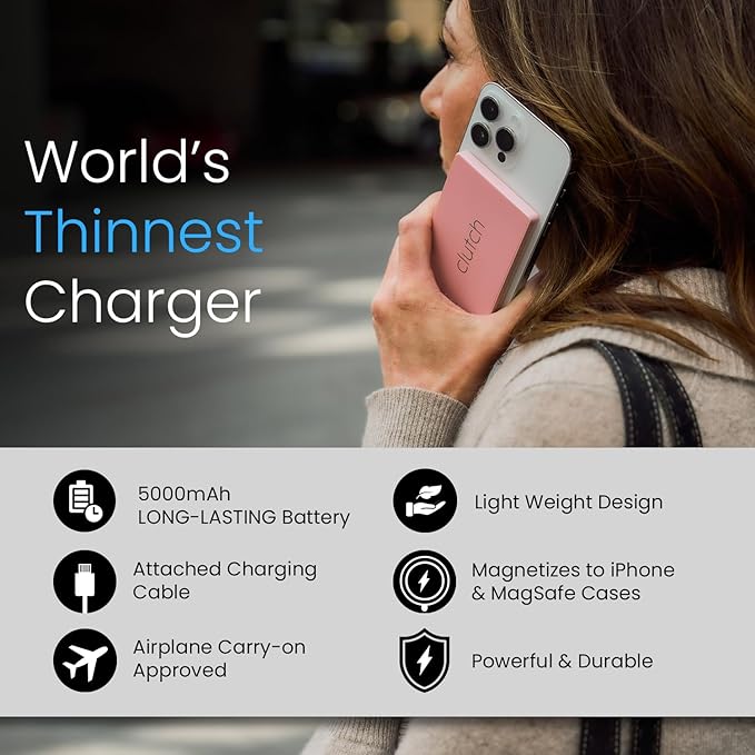 Clutch Pro – World's Thinnest iPhone Charger – Portable Power Bank 5000mAh – Magnetic Built-in Lightning Cable – TSA Approved Travel Charger – iPhone 14 & Earlier – Pink