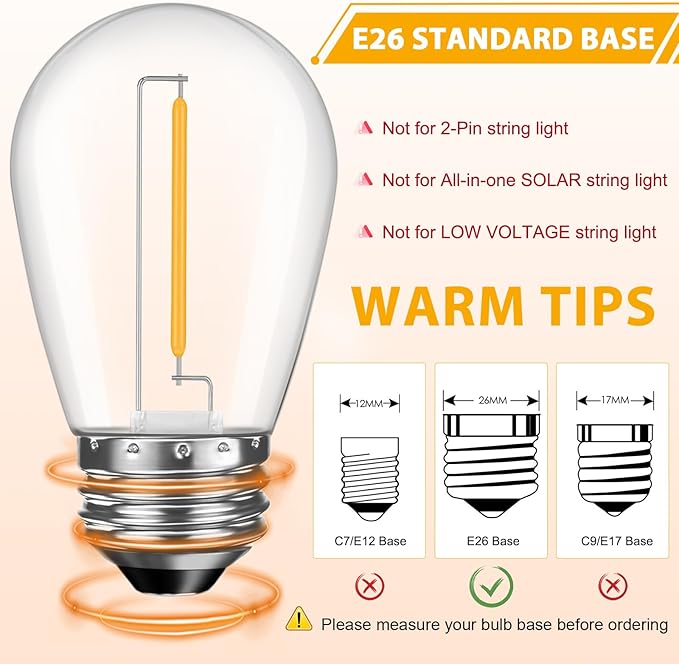 GvvooHome 48 Pack LED S14 Replacement Light Bulbs, Shatterproof Outdoor 1 Watt to Replace 11Watts String Incandescent Bulb, Dimmable, E26 Regular Medium Screw Base, 2200K Warm White