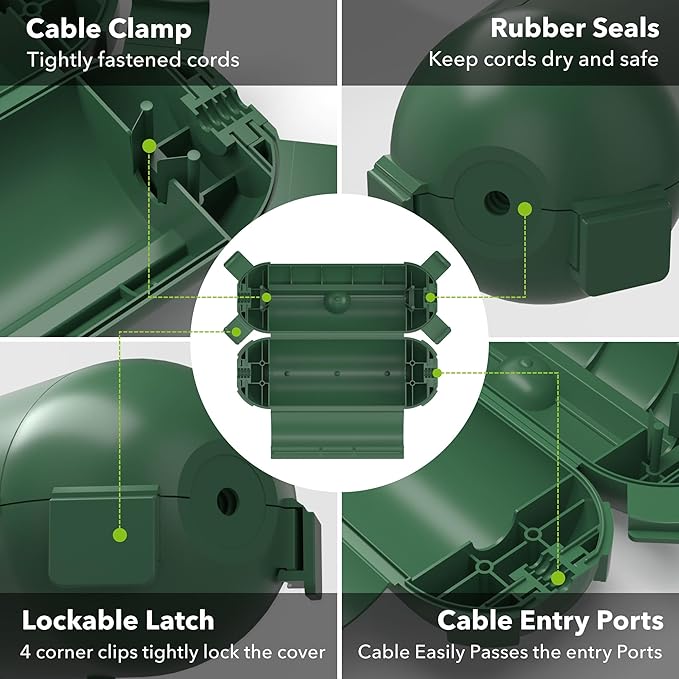 [2 Pack] Outdoor Extension Cord Safety Cover, BN-LINK Outdoor Plug Protector Waterproof, Electrical Connection Box for Holiday String Lights & Tools, Green