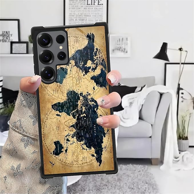 for Samsung Galaxy S25 Ultra Case,Graphic Design for Girl Boy Soft Silicone Hard Acrylic Shock Protection Designed for Samsung Galaxy S25 Ultra Brown World Map Pattern
