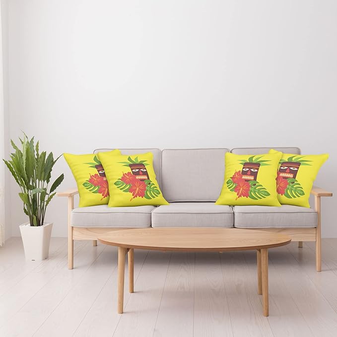 Ambesonne Luau Throw Pillow Cushion Case Pack of 4, Vibrant Composition of a Tiki Exotic Summer Hibiscus and Palm Leaves, Modern Accent Double-Sided Digital Printing, 16", Yellow Multicolor
