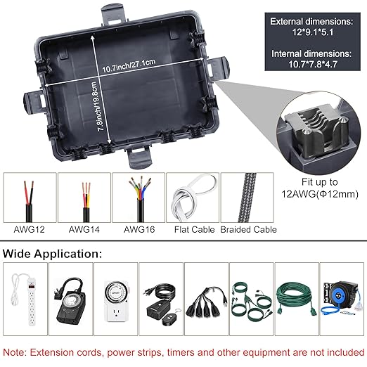 Waterproof Electrical Box, Large Outdoor Extension Cord Covers Waterproof, 8 Cable Seal Entry Weatherproof, IP54 Protect Power Strip, Timer Outlet Plug, Socket, Holiday Light Decoration (Slate Gray)