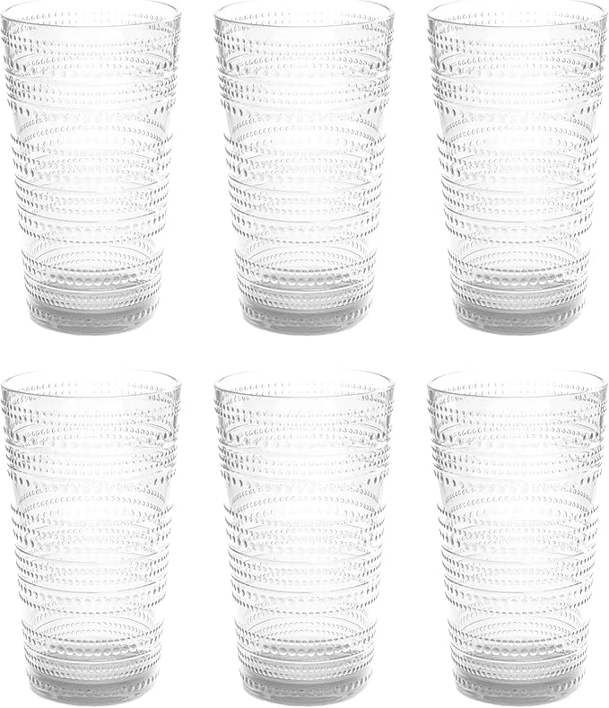 Beaded 16 oz Durable Acrylic Jumbo Drinking Glasses, Shatter-Resistant and Dishwasher-Safe Indoor/Outdoor Drinkware, Ideal for Water, Iced Tea, Juice, and Cocktails - Clear - Set of 6