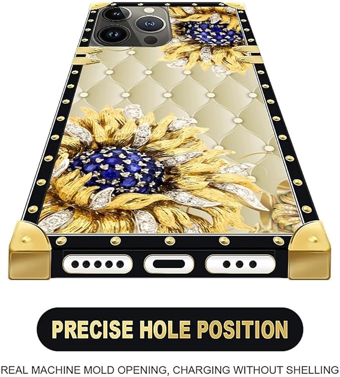 Compatible with iPhone 16 Pro Max Case, Sunflower Diamonds Leather Luxury Golden Decoration for Girl Women Soft TPU Shockproof Protective Hard PC Back for iPhone 16 Pro Max