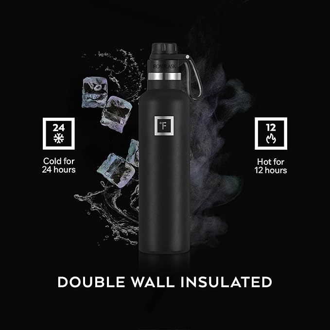 IRON °FLASK Camping & Hiking Hydration Flask with Spout, Narrow Mouth Insulated Stainless Steel Sports Water Bottle - Black Marquina 24 oz - Spout (1 Lid)