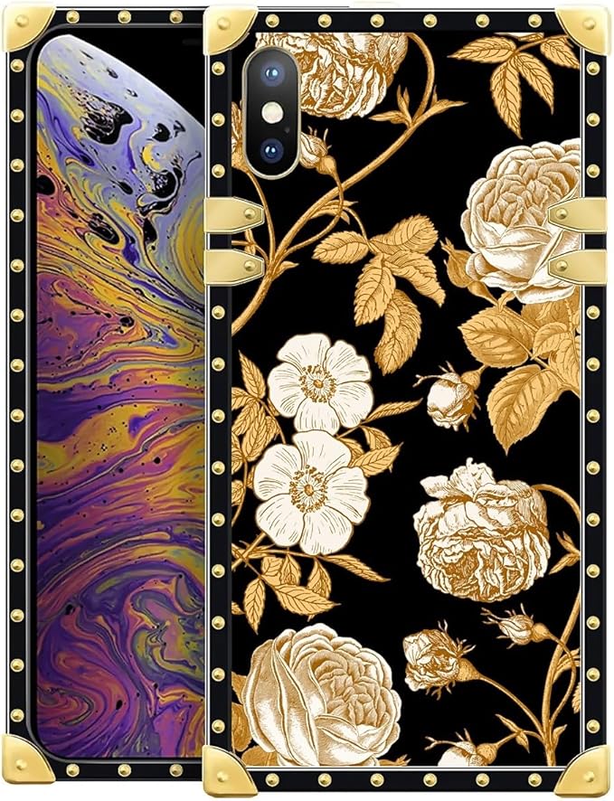 Compatible with iPhone Xs Max Case, Blooming Rose Golden Flower Luxury Golden Decoration for Girl Women Soft TPU Shockproof Protective Hard PC Back for iPhone Xs Max