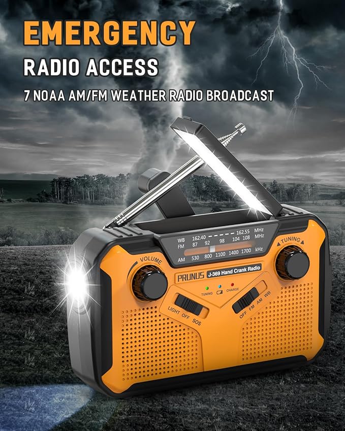 PRUNUS J-369 11100mWh Emergency Weather Radio, AA Batteries/Hand Crank/Solar/USB Charging, NOAA/AM/FM, LED Flashlight and Reading Lamp,SOS Alarm & Flashlight Portable