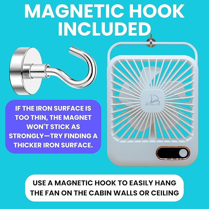 Cruise Fan Cabin Approved Carnival & Royal Carribbean Essentials With Magnetic Hook - Rechargeable Long Battery Life, USB-A & USB-C - Small Desk Fan - Folding & Portable, Plug-In And Battery Powered
