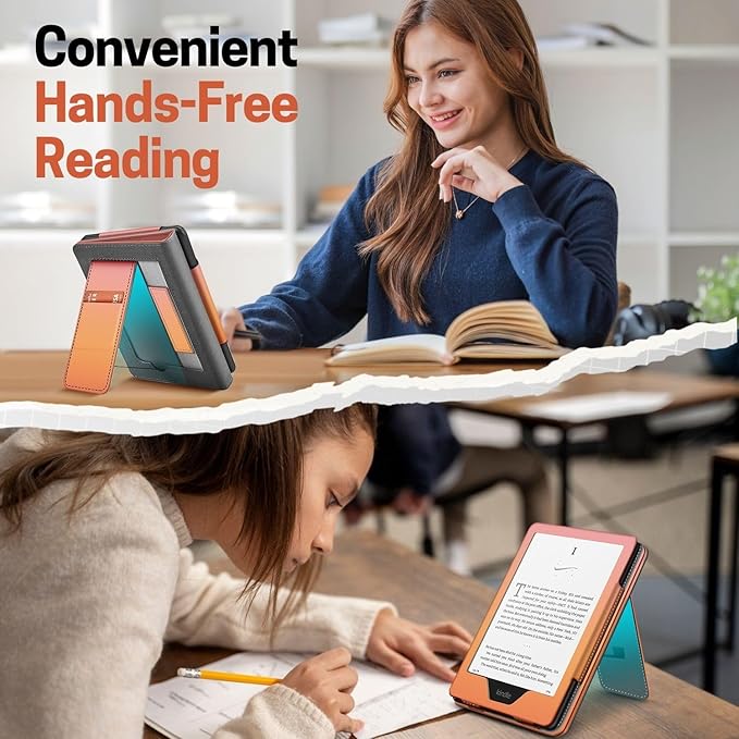 TNP Stand Case for Kindle Paperwhite 12th Generation 2024 / Kindle Colorsoft Signature Edition with Hand Strap & Card Slot - 7" PU Leather Protective Folio Cover with Auto Wake/Sleep, Pink Orange