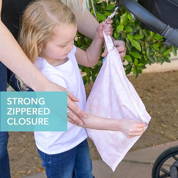 Bumkins - Waterproof Wet Bag - For Baby, Travel, Swim Suit, Cloth Diapers, Pump Parts, Pool, Gym, Toiletry, Strap to Stroller - Reusable & Easy to Clean - 2pk - Pink Lace