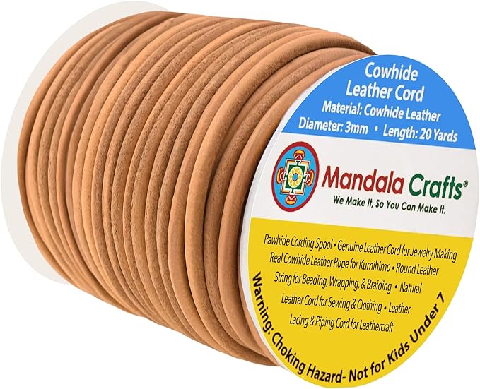 Mandala Crafts Round Genuine Camel Leather Cord for Jewelry Making – 3mm Cowhide Leather Rope String Lace for Kumihimo – 20 Yards Cowhide Craft Cording Spool